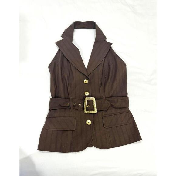BISOU BISOU Tops - {SOLD} Vintage Bisou Bisou Y2K Brown Halter Button Up Belted Vest- Size Small